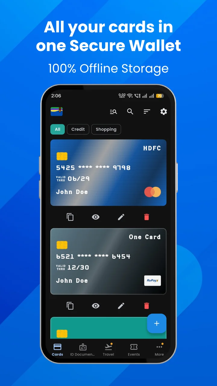 Secure Card Wallet app showing the card vault on an Android phone