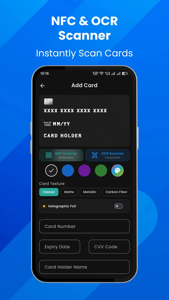 Adding a card using the NFC and OCR scanners
