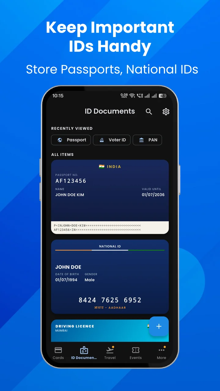Stored ID documents: passport, national ID and driving licence