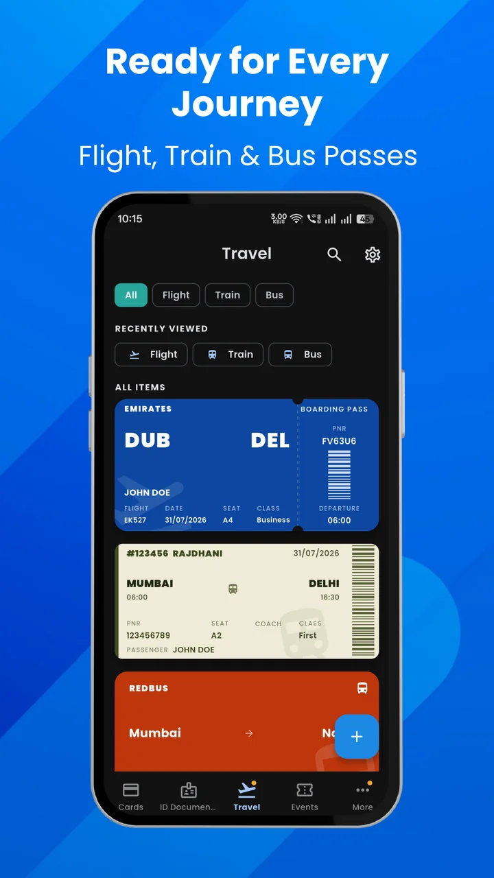 Travel passes: flight boarding pass, train and bus tickets